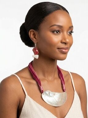 Crescent Shape Mother of Pearl Shell Necklace and Complementing Earrings